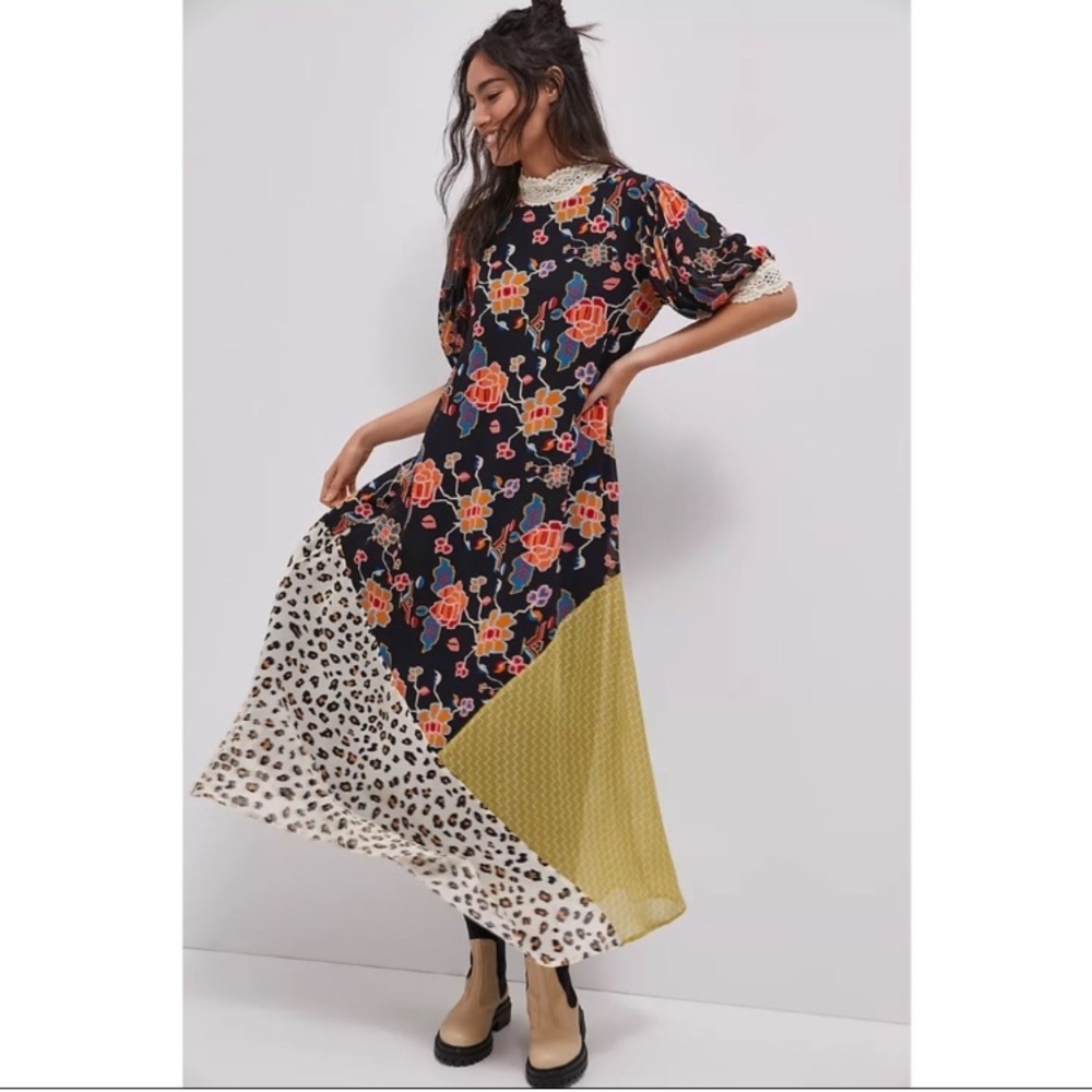Boho Patchwork Floral Maxi Dress - Black/Mustard